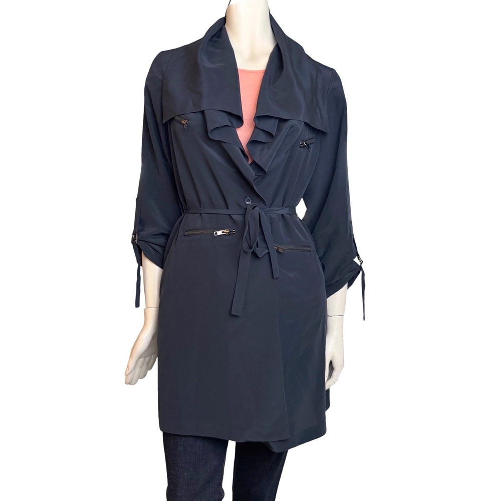 April May Silk Trench Coat Draped Shawl Collar Navy Blue Minimalist Duster M